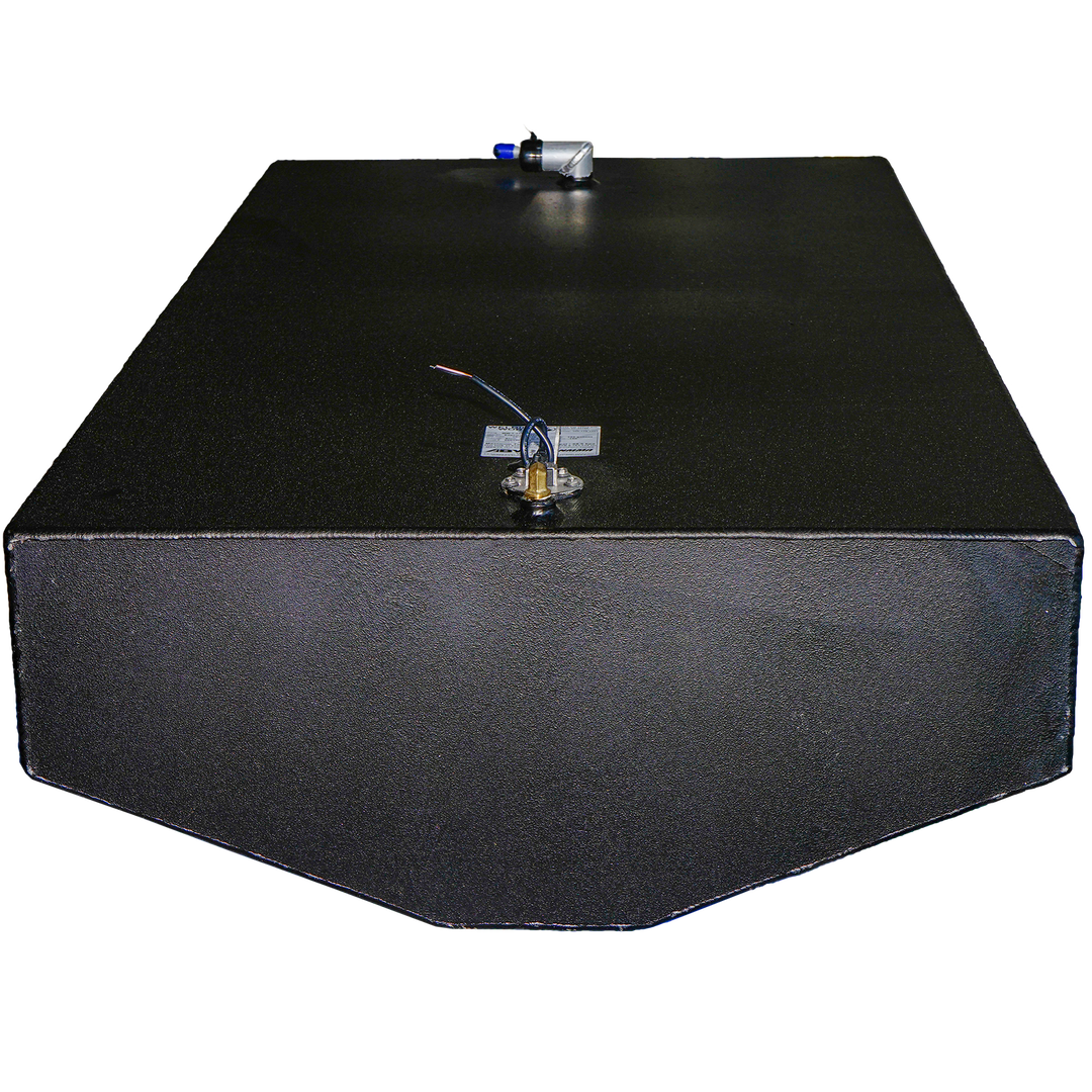 OEM replacement belly fuel tank for Edgewater 225 CC, featuring a 122-gallon capacity, with a sleek black finish and a fuel fill cap on top