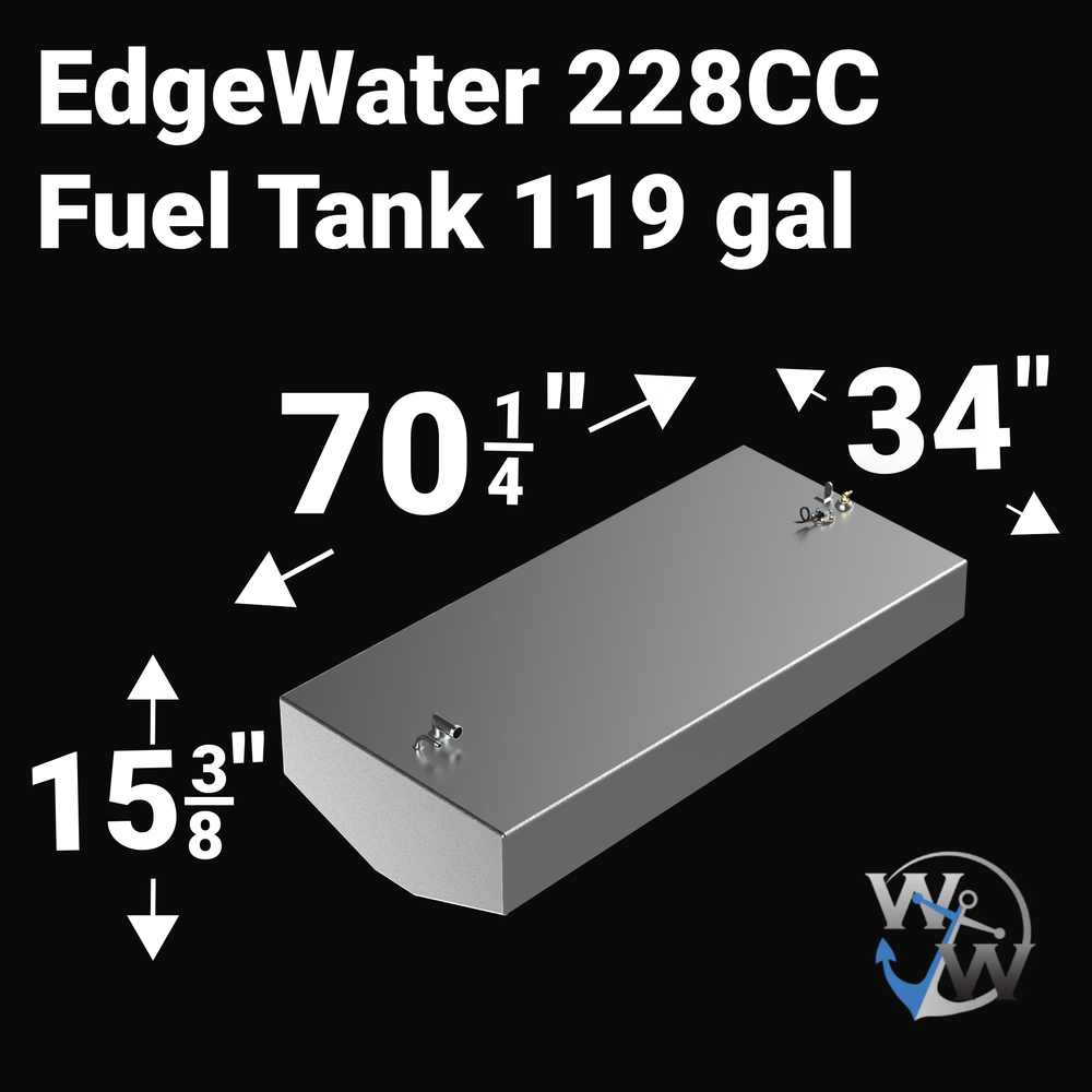Dimensional technical diagram for a raw aluminum EdgeWater 228CC replacement marine fuel tank featuring a high-capacity 119-gallon design. The graphic displays precise technical specifications with measurements of 70-1/4" length, 34" width, and 15-3/8" height, showcasing a deep V-hull tapered bottom configuration designed to match the vessel's hull contour. The top deck displays an unsealed variant layout complete with a forward 90-degree fuel fill pipe, an integrated vent line connection, a center-to-aft e