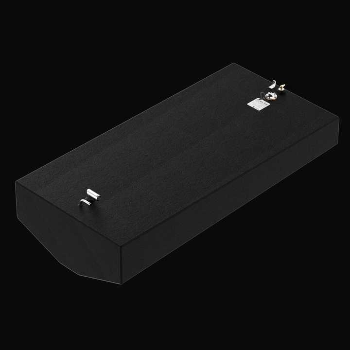 A three-quarter high-angle isometric perspective rendering of a black single-tank unit, showcasing an EdgeWater 228CC 119-gallon OEM replacement marine fuel tank. This high-capacity fuel cell features a shallow V-hull tapered bottom configuration designed to fit perfectly within the boat's original center console hull pocket. Masterfully constructed from heavy-gauge marine-grade 5052-H32 aluminum, the tank is entirely encapsulated in a textured, anti-corrosive black TarGard epoxy coating for long-lasting pr