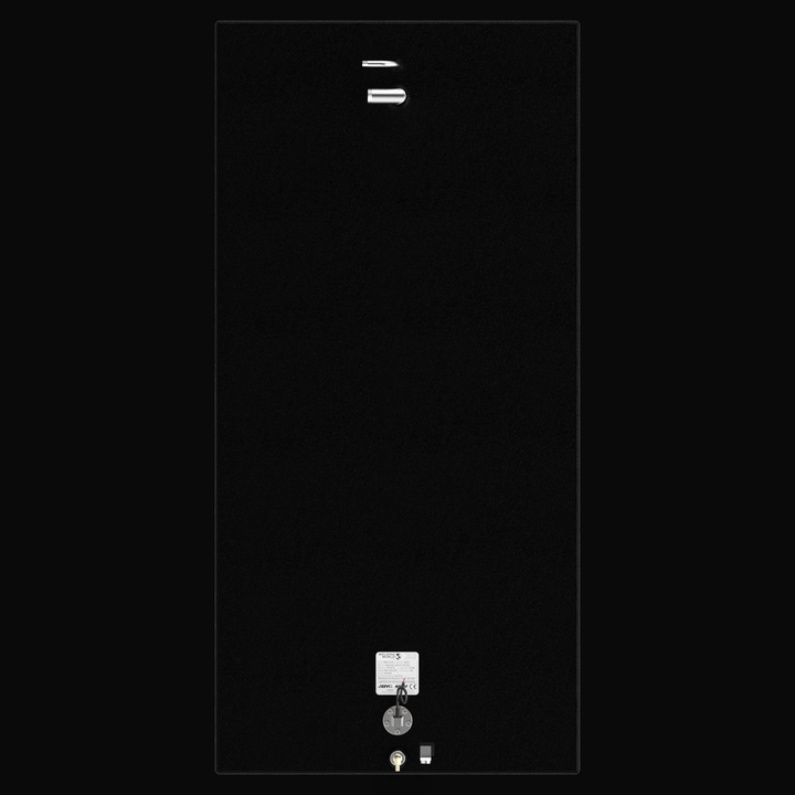 A full top-down vertical aerial layout view of a high-capacity black single tank, detailing the technical component arrangement for an EdgeWater 228CC 119-gallon OEM replacement marine fuel tank. This bird's-eye blueprint perspective highlights the clean rectangular profile of the fuel cell, masterfully fabricated from heavy-gauge marine-grade 5052-H32 aluminum and fully sealed in a protective black TarGard epoxy coating. The layout showcases the precise spacing of top-deck hardware, including a forward-mou