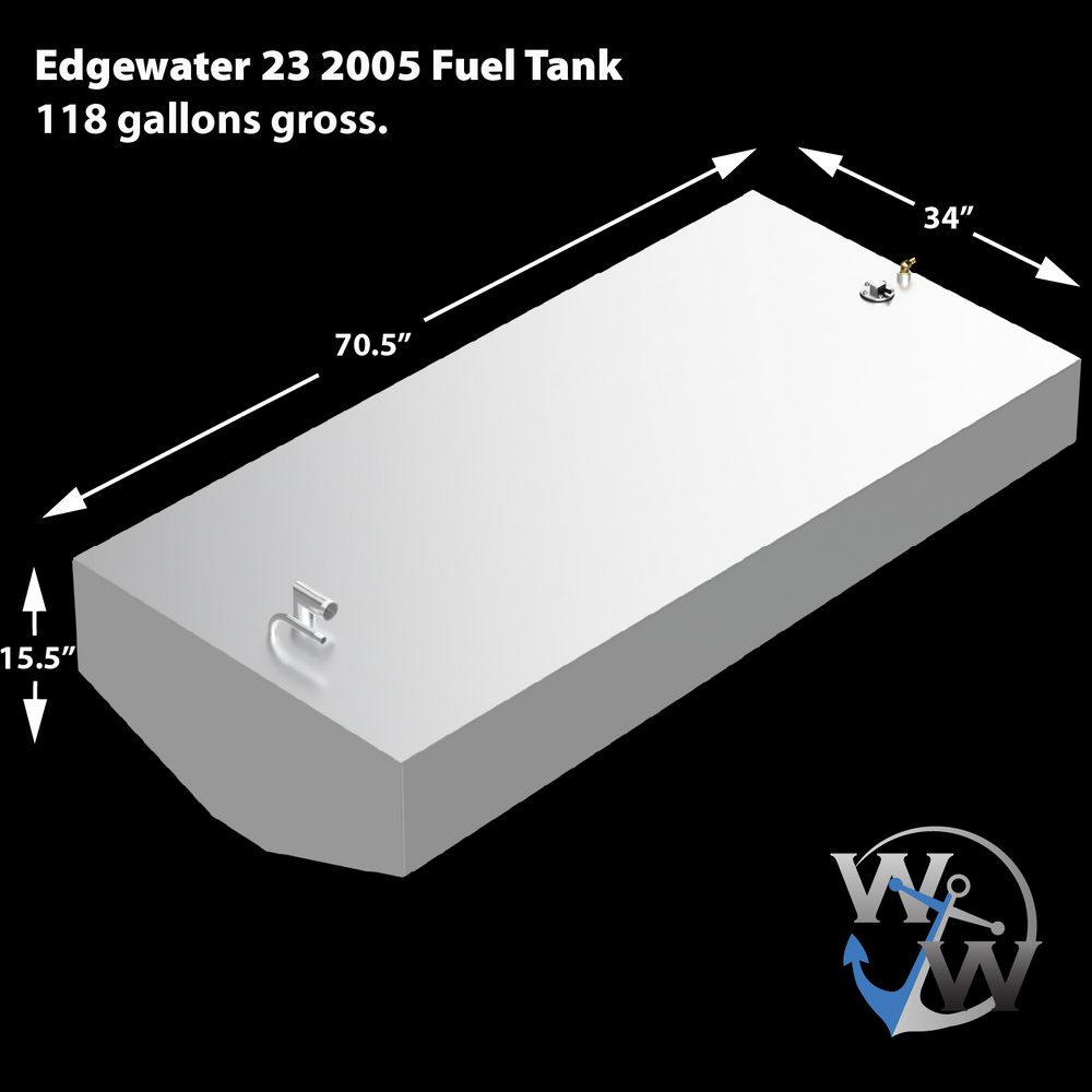 Diagram of a 117-gallon aluminum belly fuel tank engineered for the 2005 Edgewater 23 center console. Tank dimensions are specified as 70.5″ (L) × 34″ (W) × 15.5″ (H), supporting a low-profile installation within the hull. The drawing shows key top-mounted hardware locations, including fittings for fuel supply and return. Fabricated from .190″ 5052-H32 marine-grade aluminum, the design adheres to ABYC and USCG fuel system standards. A lower-right emblem from Welding World Inc. confirms OEM specification