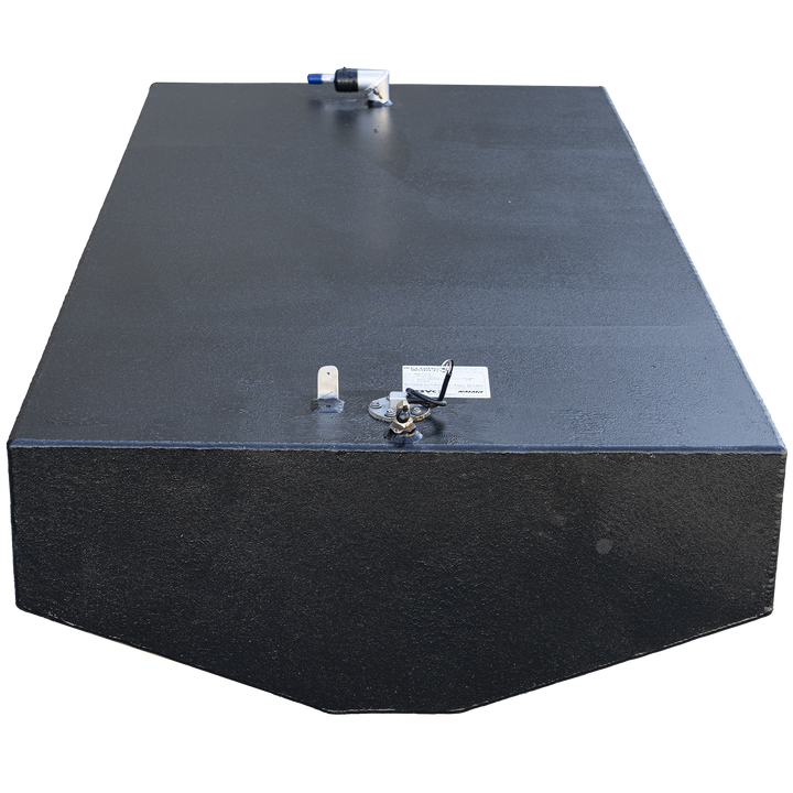 117-gallon aluminum belly fuel tank built for the 2005 Edgewater 23 center console. Finished in matte black, the rectangular tank features a capped blue-handled shutoff valve near the front, a centrally mounted sensor unit with a black wire harness, and a white compliance label positioned near the lower edge. The layout supports OEM fuel routing, electrical integration, and USCG/ABYC certification standards. Compact geometry ensures balanced centerline placement within the vessel’s underdeck cavity