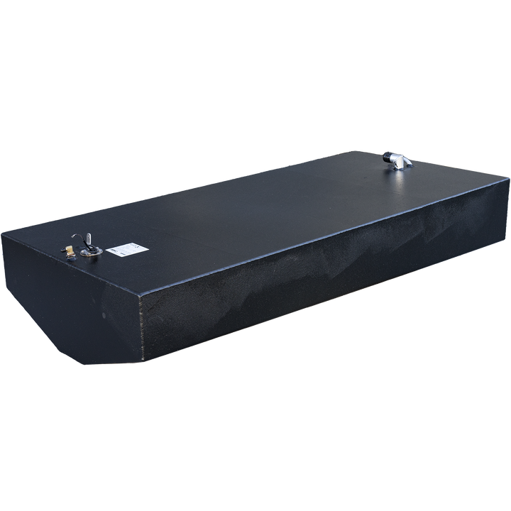 117-gallon aluminum belly fuel tank designed for the 2005 Edgewater 23 center console. The tank features a matte black finish and a rectangular form with a flat top surface. Top-mounted hardware includes a capped blue-handled shutoff valve near the front left corner, a dual brass fitting at the rear, and a white certification label positioned close to the front edge. This label confirms .190″ 5052-H32 marine-grade aluminum construction and 9 psi pressure testing to 33 CFR § 183.510(a)