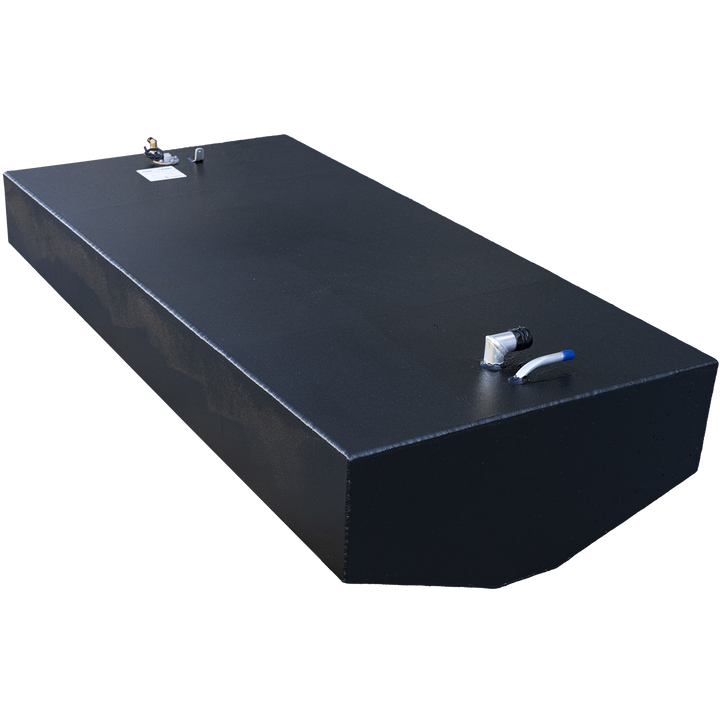 117-gallon aluminum belly fuel tank designed for the 2005 Edgewater 23 center console. The tank features a matte black finish and rectangular profile with a flat top surface. Topside hardware includes a blue-handled shutoff valve, dual brass return fittings, and a central electrical sender unit with attached harness wiring. A compliance label confirms .190″ 5052-H32 marine-grade aluminum construction and 9 psi test certification under 33 CFR § 183.510(a). Layout supports balanced weight distribution