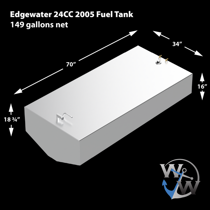 A 3D schematic of the replacement fuel tank for a 2005 Edgewater 24CC, shown against a black background. Text on the image identifies the tank as having a 149-gallon net capacity. Dimension lines detail its measurements as 70 inches long by 34 inches wide, with a main body height of 16 inches and a total height of 18 ¾ inches at the angled front end. The silver-colored schematic features several fittings on its top surface. The 'WW' anchor logo for Welding World is in the bottom right corner