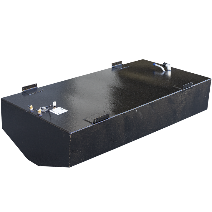 A long, black-coated boat fuel tank with a rounded front bottom edge, viewed from a high three-quarter angle against a checkered background. Multiple black mounting tabs are welded to the top edges. The top surface features two separate clusters of fittings: a fuel sending unit with a label at the front, and an assembly with two curved white pipes at the rear