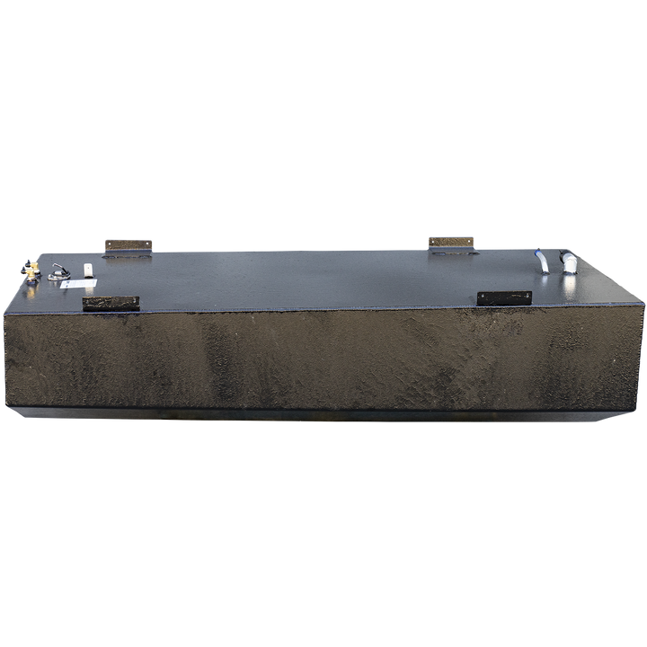 A side profile view of a long, rectangular boat fuel tank with a heavy, textured black coating, set against a checkered background. The tank's bottom has a slight V-shape to fit a hull. Four large, textured mounting tabs are attached along the top edge. Clusters of fittings, including a fuel sending unit at one end and two curved white pipes at the other, are visible on the top surface