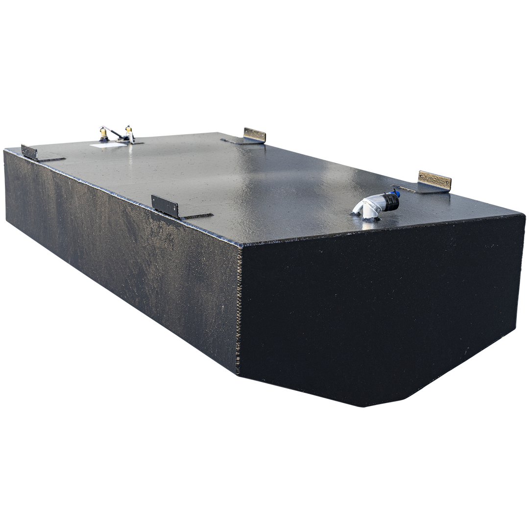 A long, black-coated boat fuel tank with a rounded front bottom edge and prominent corner welds, viewed from a high, rear three-quarter angle against a checkered background. Multiple black mounting tabs with textured tops are welded along the top edges. The top surface has two distinct clusters of fittings: a fuel sending unit at the rear and a fuel fill assembly with a curved white pipe at the front