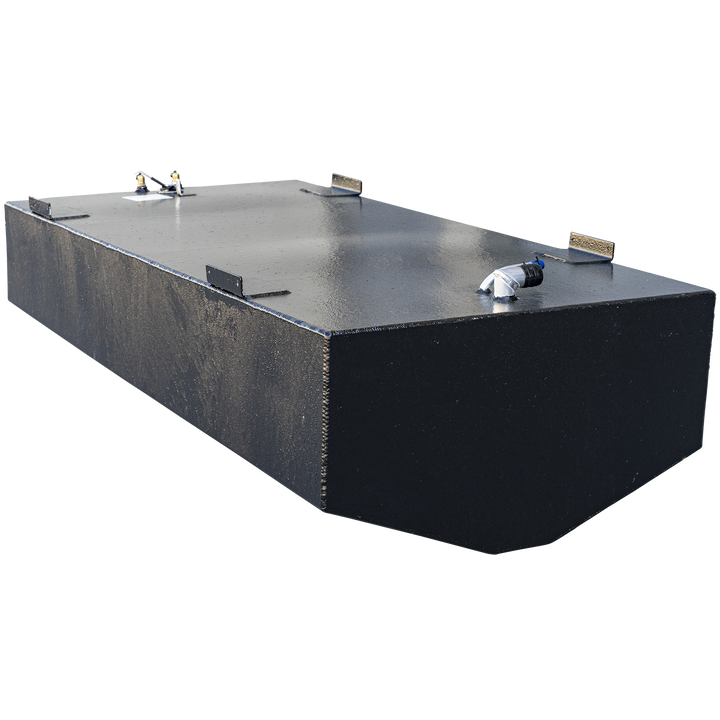 A long, black-coated boat fuel tank with a rounded front bottom edge and prominent corner welds, viewed from a high, rear three-quarter angle against a checkered background. Multiple black mounting tabs with textured tops are welded along the top edges. The top surface has two distinct clusters of fittings: a fuel sending unit at the rear and a fuel fill assembly with a curved white pipe at the front