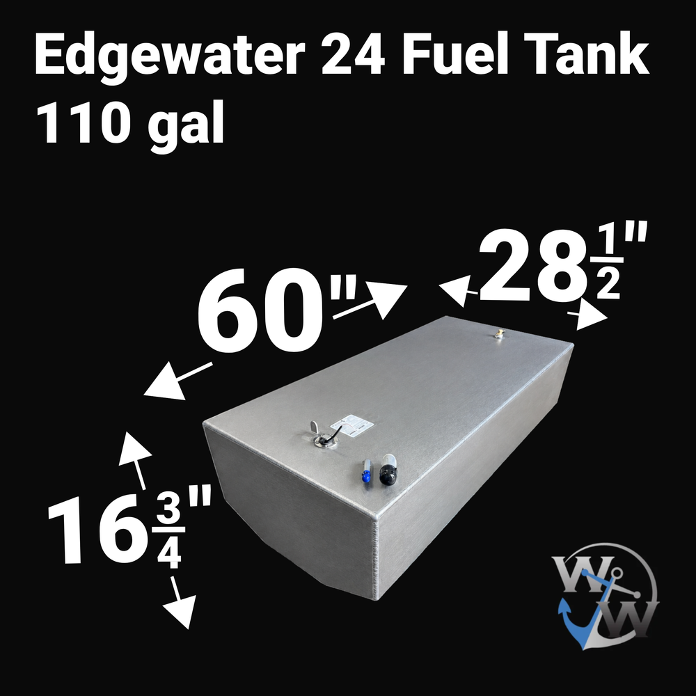 A studio product diagram displaying the exact dimension specifications for a 3D digital CAD model rendering of an unencapsulated bare aluminum Edgewater 24 OEM replacement marine fuel tank (110 gal) from file image_9cd657.jpg, isolated against a black background. The isometric view shows the V-bottom hull profile with bold white measurement arrows indicating key overall dimensions: 60 inches in length, 28 1/2 inches in width, and 16 3/4 inches in total height. Top deck hardware features a foreground aluminu