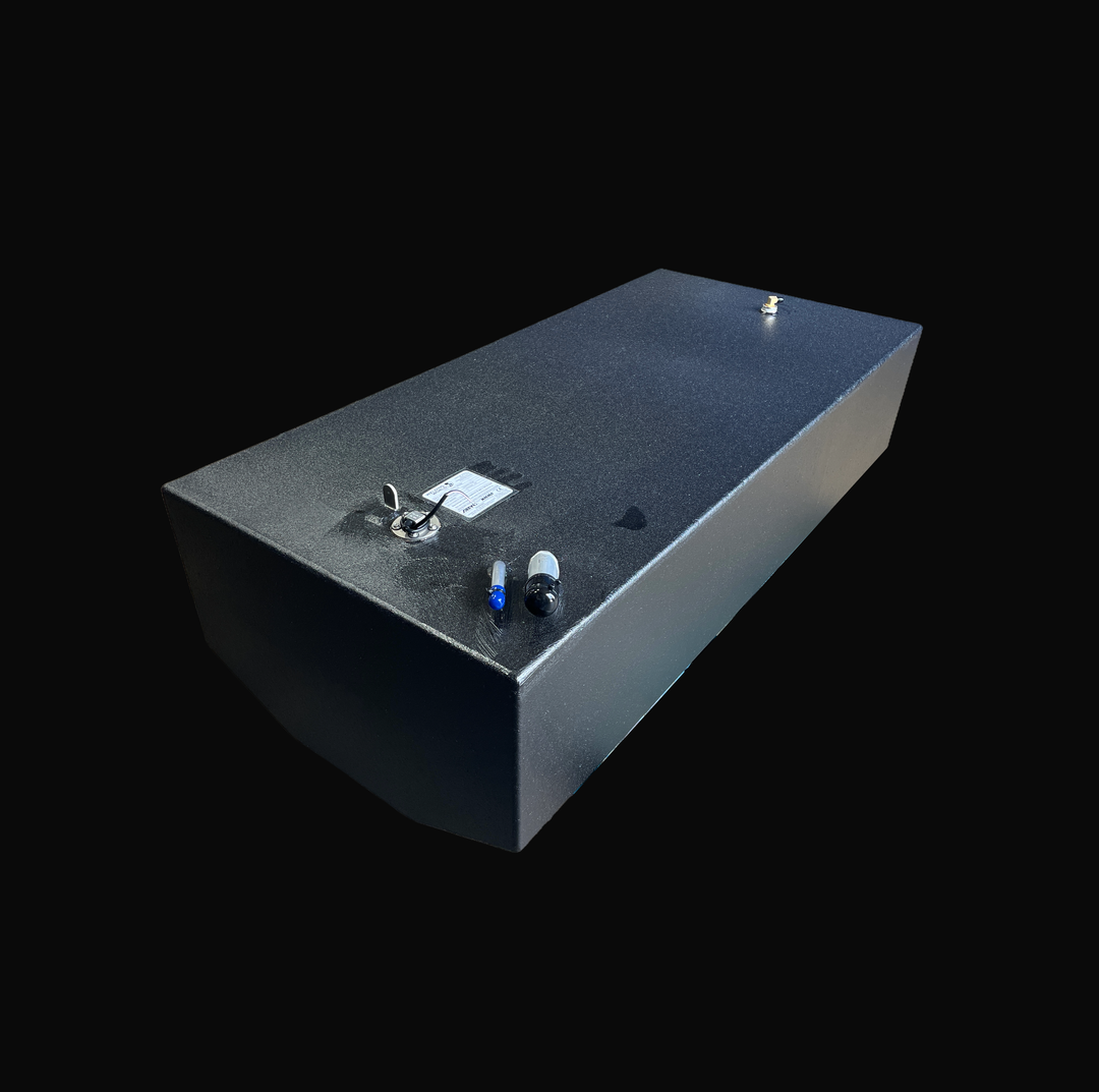 A studio high-angle isometric view displaying the full main deck layout of a physical, finished black encapsulated Edgewater 24 OEM replacement marine fuel tank (110 gal) from file image_9cd9ff.jpg, isolated against a black background. Precision-fabricated from heavy-gauge marine-grade 5052-H32 aluminum, the long rectangular body is fully encapsulated in a protective, textured black TarGard epoxy coating to resist severe saltwater pitting and bilge moisture decay. Foreground top deck hardware features an al