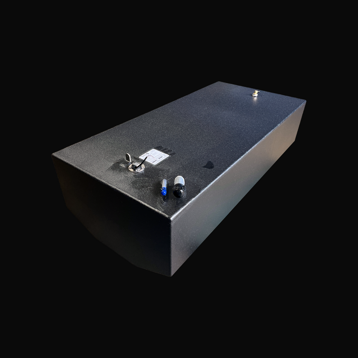 A studio high-angle isometric view displaying the full length of a physical, finished black encapsulated Edgewater 24 OEM replacement marine fuel tank (110 gal) from file image_f7ed17.jpg, isolated against a black background. Precision-fabricated from heavy-gauge marine-grade 5052-H32 aluminum, the rectangular body is fully encapsulated in a protective, textured black TarGard epoxy coating to resist severe saltwater pitting and bilge moisture decay. Top deck hardware features a foreground electronic fuel le