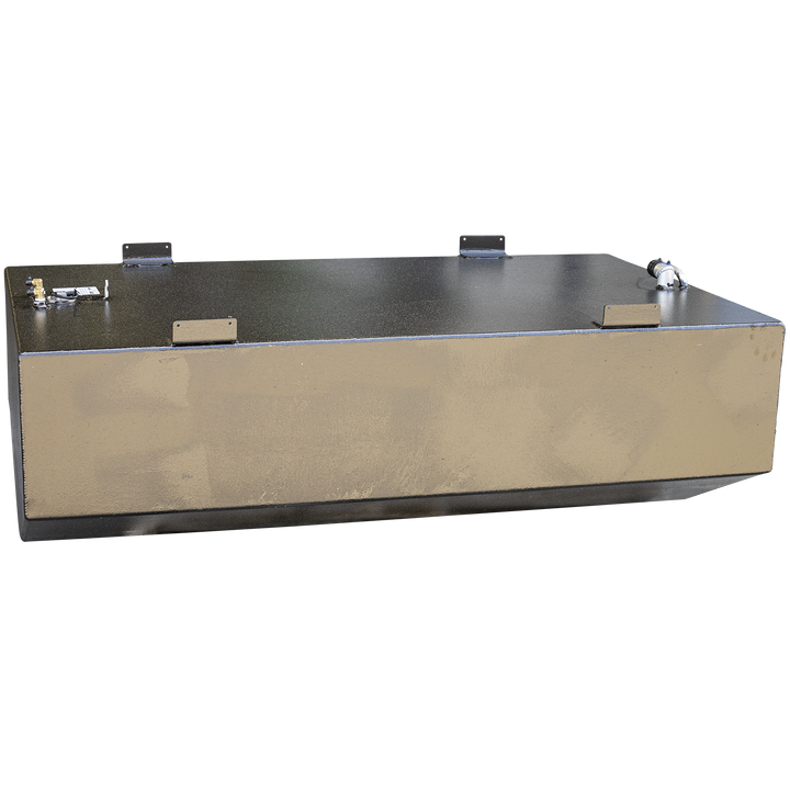 A large black rectangular metal fuel tank with a slightly textured finish, showing welded mounting tabs along the top edges. The top surface includes multiple fittings, including two brass connectors and an angled metal pipe with a blue collar. The tank has visible weld seams along its edges and a smooth, flat side panel