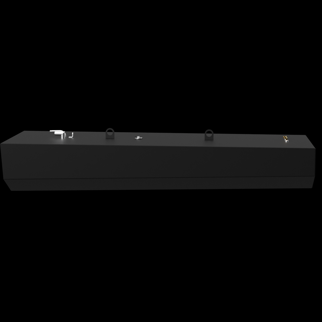 A black rectangular fuel tank with fittings and mounting brackets on top. The tank has two lifting ears and two threaded fittings on one end, with a clean, smooth surface and chamfered corners on one side