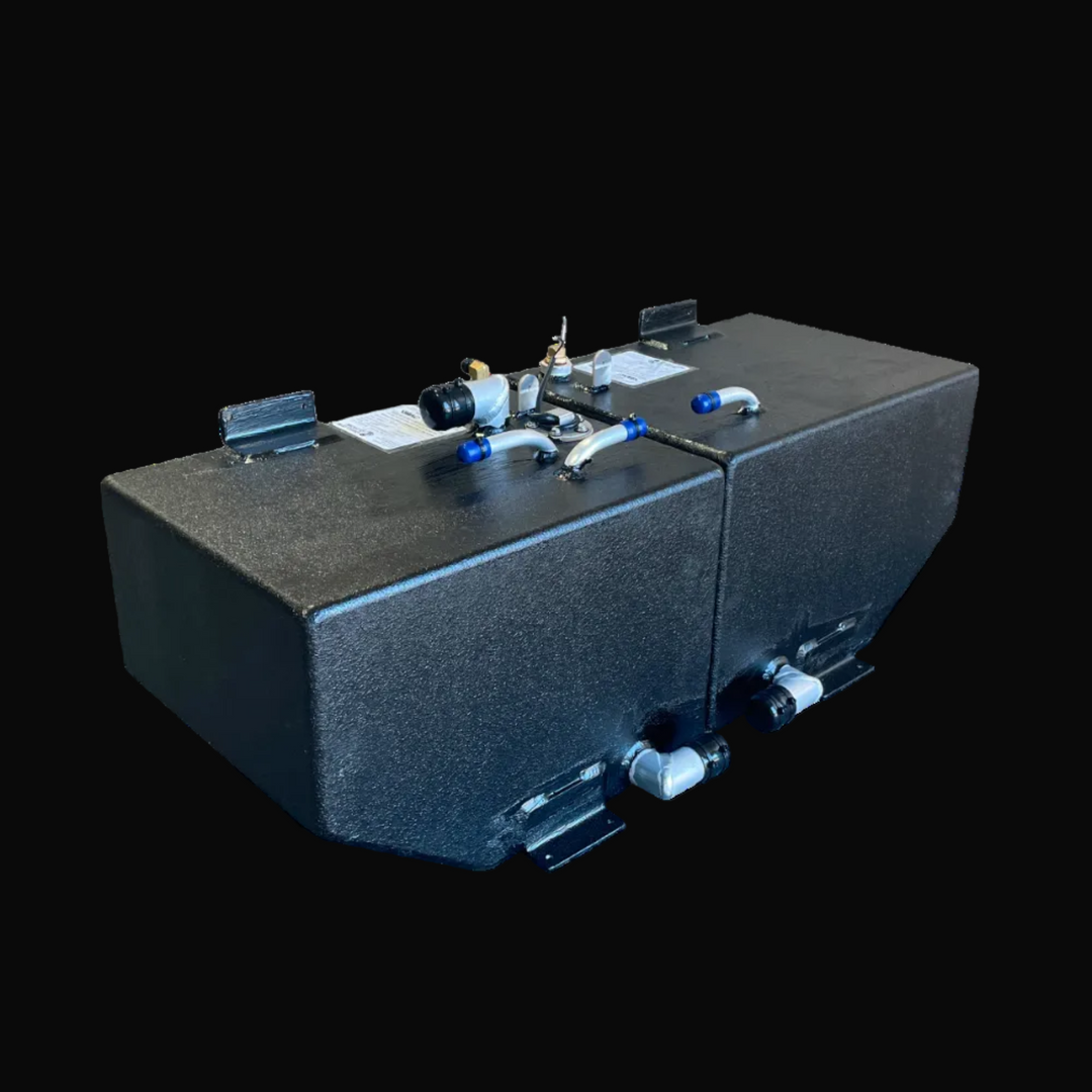 Perspective view of the Hewes 18 Redfisher replacement fuel tank pair (26 gal each). The image displays the complete Port and Starboard set, detailing the mirror-matched hull contours, lower fill elbows, and top-mounted fittings.