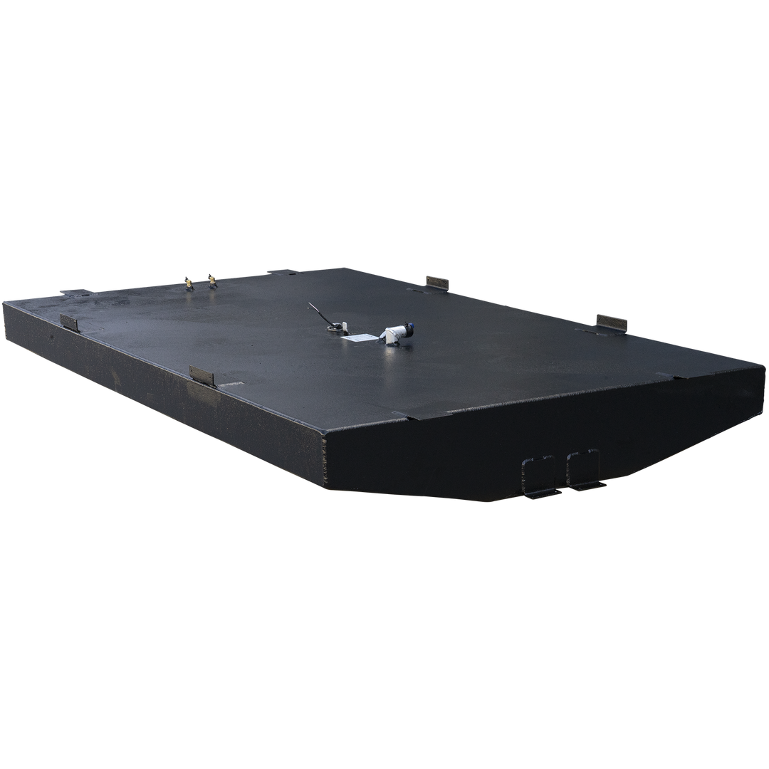A large, black, textured fuel tank for an Eduardoño Corvina 320 Panga, with a capacity of 207 gallons net. The tank has a wide, rectangular top surface with a curved front edge and two rectangular cutouts on its underside. Various fittings are visible on the top, including small cylindrical components, a circular fuel level sender with wires, a white label, and a bent pipe with a blue cap