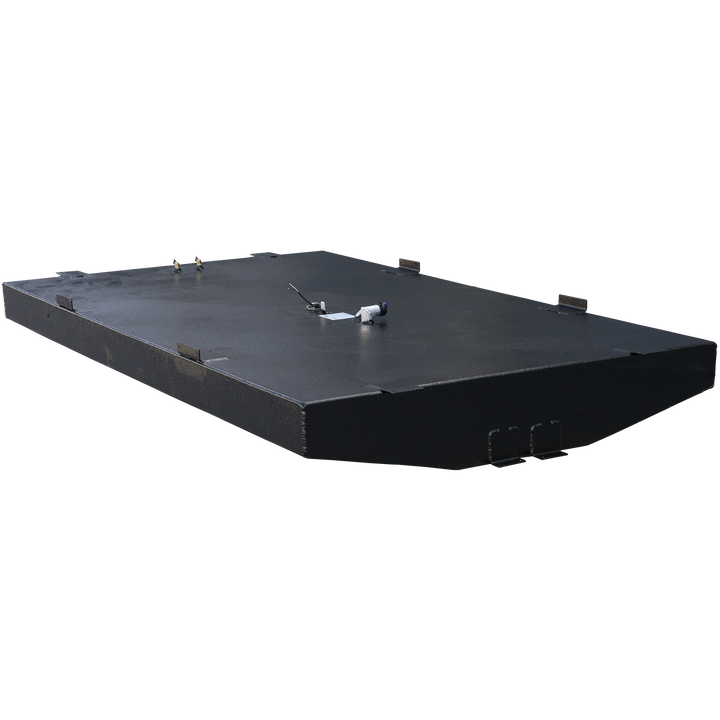 A large, black, textured fuel tank for an Eduardoño Corvina 320 Panga, with a capacity of 207 gallons net. The tank has a wide, rectangular top surface with a curved front edge and two rectangular cutouts on its underside. Various fittings are visible on the top, including small cylindrical components, a circular fuel level sender with wires, a white label, and a bent pipe with a blue cap