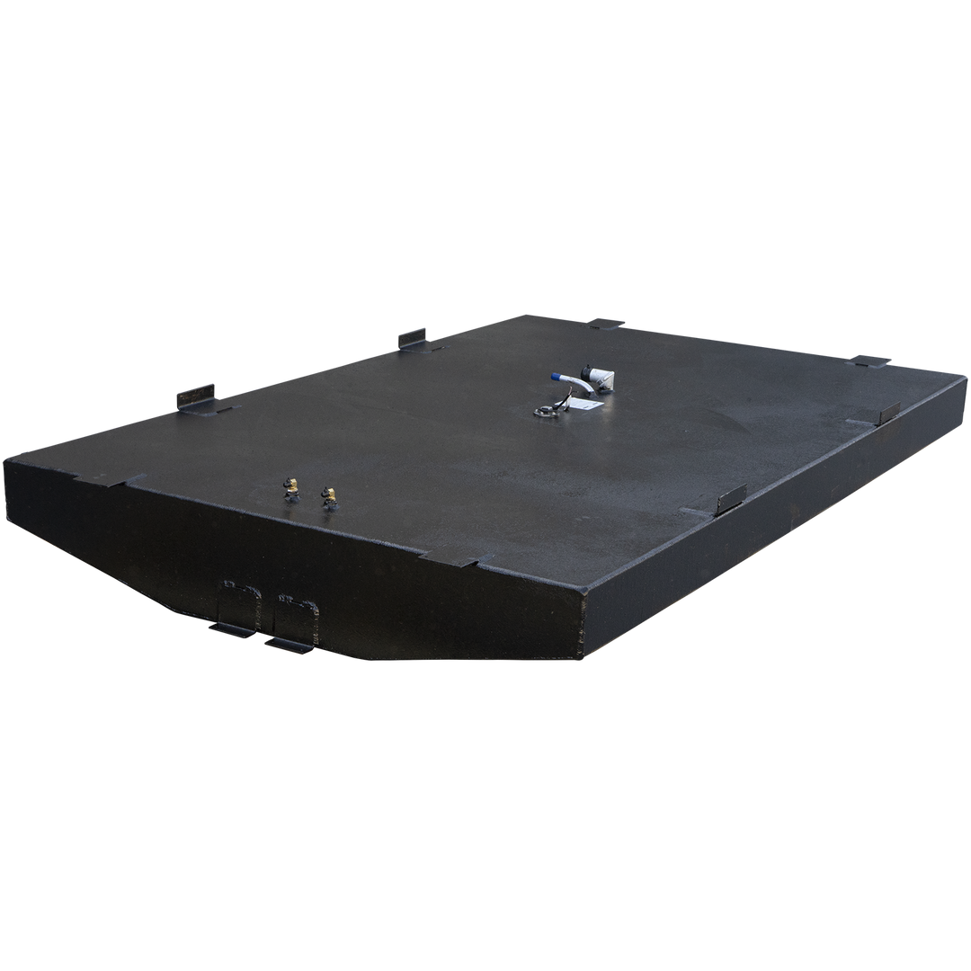 A large, black, textured 207-gallon net belly fuel tank for an Eduardoño Corvina 320 Panga. The tank has an irregular, curved bottom section and features various components on its top surface, including multiple small rectangular protrusions, a circular fuel level sender with wires, a small white label, and a bent pipe with a blue cap