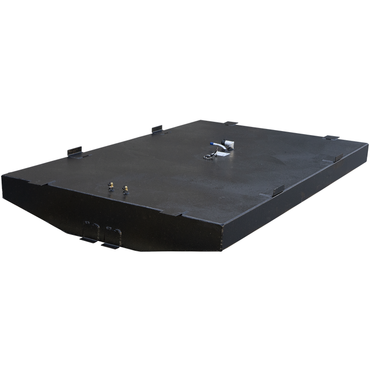 A large, black, textured 207-gallon net belly fuel tank for an Eduardoño Corvina 320 Panga. The tank has an irregular, curved bottom section and features various components on its top surface, including multiple small rectangular protrusions, a circular fuel level sender with wires, a small white label, and a bent pipe with a blue cap