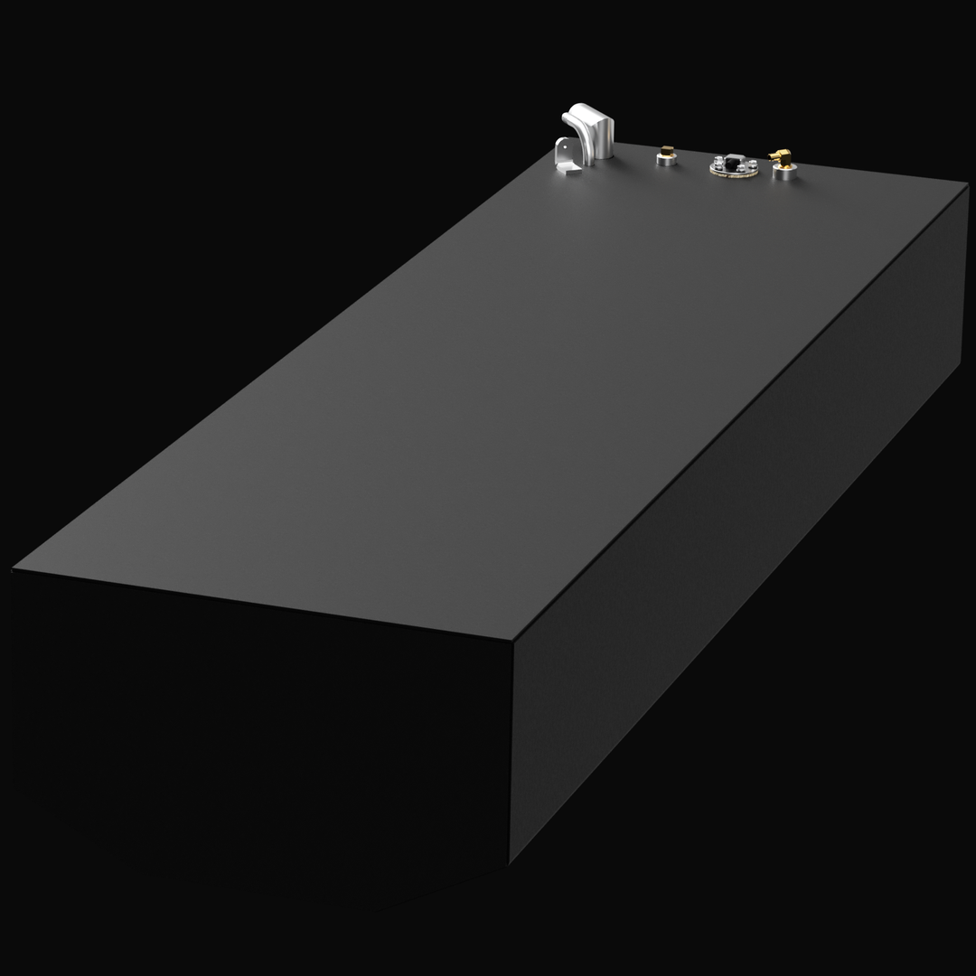 A black rectangular fuel tank with a metal fitting and valve on top, labeled for a Formula 26 1988 model with a capacity of 102 gallons