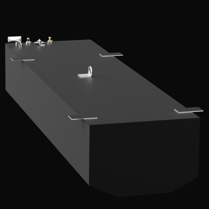 A rectangular silver-colored fuel tank with multiple fittings and connectors on the top surface, including a gauge, a valve, and pipes. The tank is labeled for a Formula 272 SR1 1989, has a capacity of 129 gallons, and a thickness of 0.190 inches. The background is black