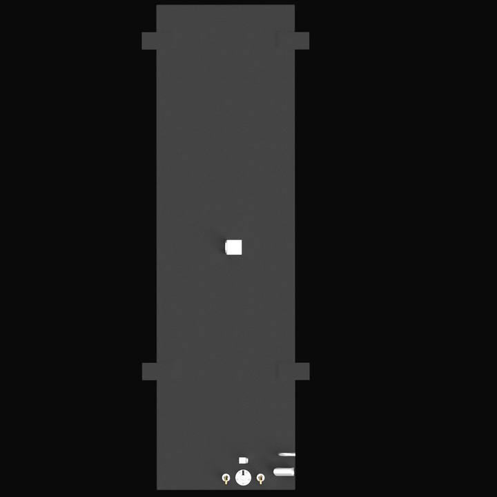 Top-down view of a rectangular, dark gray fuel tank labeled for a Formula 272 SR1 1989. The tank has a small square opening in the center, with various fittings and gauges at one end, including a circular gauge, two brass fittings, and a pipe outlet, all set against a black background