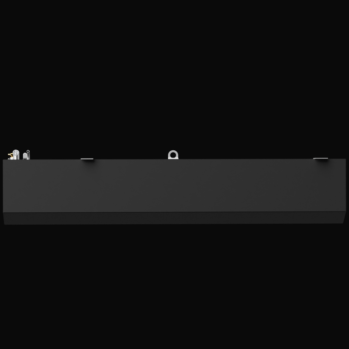Top view of a rectangular, black fuel tank labeled for a Formula 272 SR1 1989, with a capacity of 129 gallons and a thickness of 0.190 inches. The tank features multiple fittings, including gauges, pipes, and connectors, arranged along the top surface. The background is black