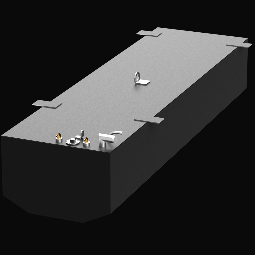 A rectangular, silver-colored fuel tank with multiple fittings and connections on the top surface, including a gauge, a valve, and pipes. The tank is labeled for a Formula 272 SR1 1989, has a capacity of 129 gallons, and a thickness of 0.190 inches. The background is black