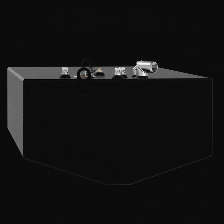 A straight-on end elevation profile view showcasing the deep-V bottom geometry of a black Formula 33 SS replacement marine fuel tank. This cross-sectional perspective illustrates how the shallow V-shaped hull-conforming bottom angles down to a flat center keel section, custom-engineered by Welding World to sit flush inside the central bilge compartment. Fabricated from heavy-gauge marine-grade 5052-H32 aluminum, the 160-gallon tank body is fully protected by a textured, anti-corrosive black TarGard epoxy co