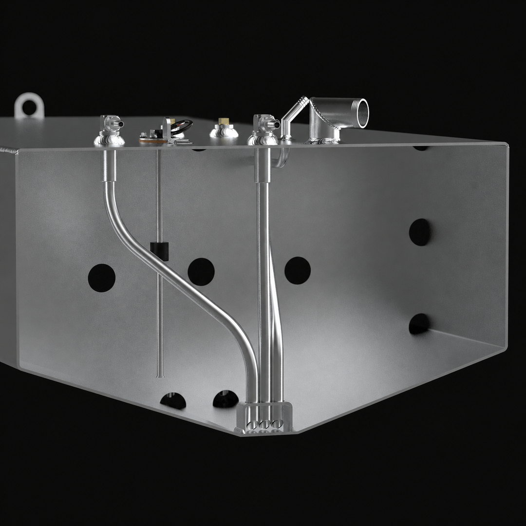 A technical cross-section 3D rendering of a central deep-V marine aluminum fuel tank cutaway view, detailing the internal plumbing and dual-engine architecture for a Formula 33 SS replacement fuel tank. The image focuses on the inner chamber of a 160-gallon hull-conforming fuel cell fabricated from raw marine-grade 5052-H32 aluminum, highlighting a structural internal baffle plate engineered with circular flow-through holes for anti-slosh fuel stability. The internal layout showcases dual aluminum pickup tu