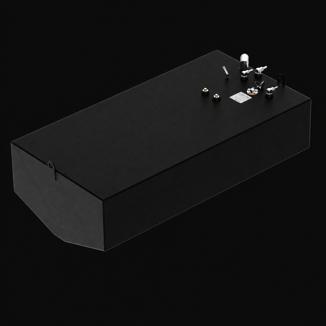 A high-angle isometric perspective view of a high-capacity black Formula 33 SS replacement marine fuel tank. This deep V-hull conforming fuel cell features a flat top deck and subtle V-shaped angled bottom contours engineered by Welding World to sit securely within the vessel's central hull cavity. Precision-fabricated from heavy-gauge marine-grade 5052-H32 aluminum, the tank is completely encapsulated in an anti-corrosive, textured black TarGard epoxy coating. The centralized hardware cluster showcases a v