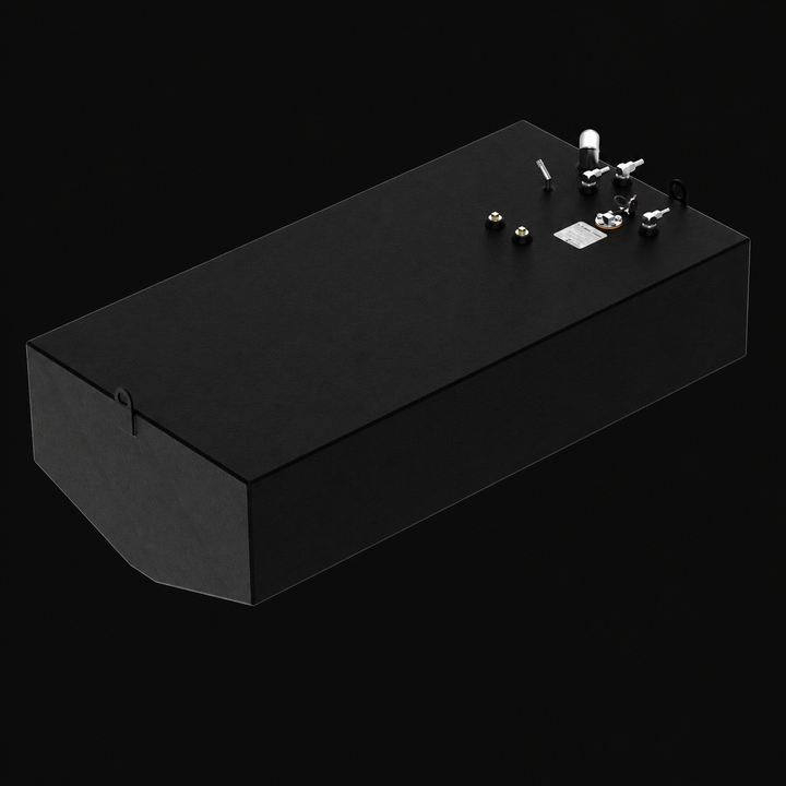 A high-angle isometric perspective view of a high-capacity black Formula 33 SS replacement marine fuel tank. This deep V-hull conforming fuel cell features a flat top deck and subtle V-shaped angled bottom contours engineered by Welding World to sit securely within the vessel's central hull cavity. Precision-fabricated from heavy-gauge marine-grade 5052-H32 aluminum, the tank is completely encapsulated in an anti-corrosive, textured black TarGard epoxy coating. The centralized hardware cluster showcases a v