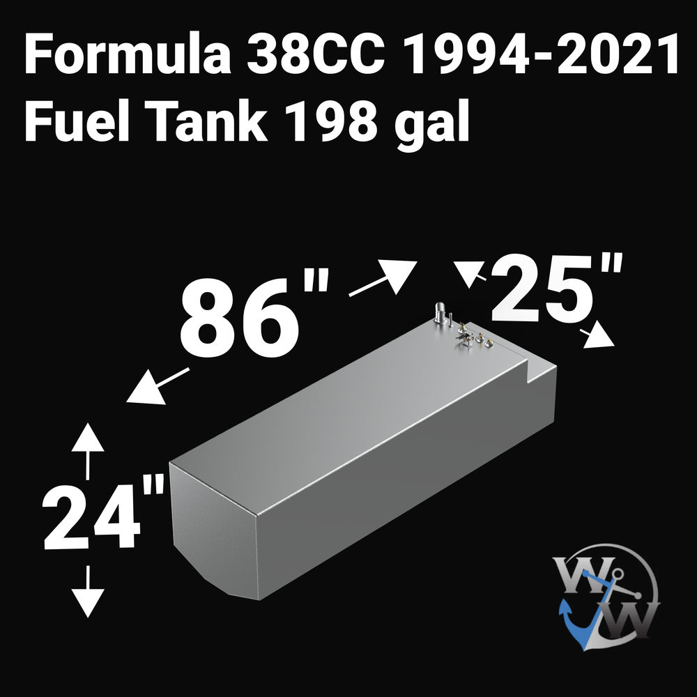 Dimensional technical diagram for a raw aluminum Formula 38CC 1994-2021 replacement marine fuel tank featuring a 198-gallon design. The graphic displays precise technical specifications with measurements of 86" length, 25" width, and 24" height, showcasing a specialized hull-conforming bottom contour profile with a stepped rear section engineered by Welding World to seat flush within the boat's central bilge cavity. The top deck displays an unsealed variant layout featuring a clustered mechanical hardware c