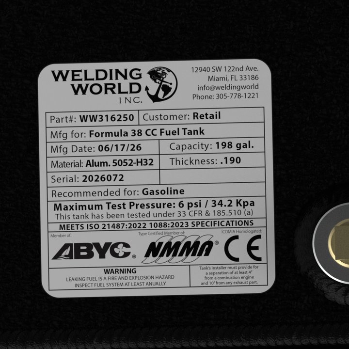 Close-up top-deck hardware layout view of a black Formula 38 CC replacement marine fuel tank. The image focuses on a manufacturer specification data placard listing part number WW316250, customer type Retail, and a manufacturing date of 06/17/26. Fabricated from heavy-gauge marine-grade 5052-H32 aluminum with a thickness of .190, the 198-gallon capacity center-hull tank body is fully encapsulated in a textured, anti-corrosive black TarGard epoxy coating. The adjacent hardware array includes a brass 90-degre