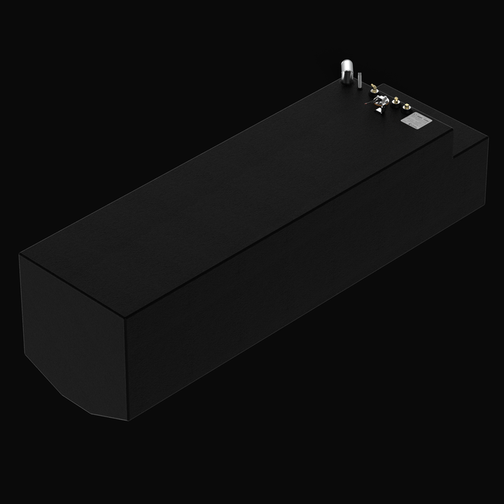 A high-angle isometric perspective view of an elongated black Formula 38CC 1994-2021 replacement marine fuel tank. This high-capacity 198-gallon center-hull fuel cell features an expansive flat top deck, integrated stepped rear profile, and a specialized hull-conforming bottom contour profile engineered by Welding World to seat flush within the boat's central bilge cavity. Precision-fabricated from heavy-gauge marine-grade 5052-H32 aluminum, the structure is completely encapsulated in an anti-corrosive, tex