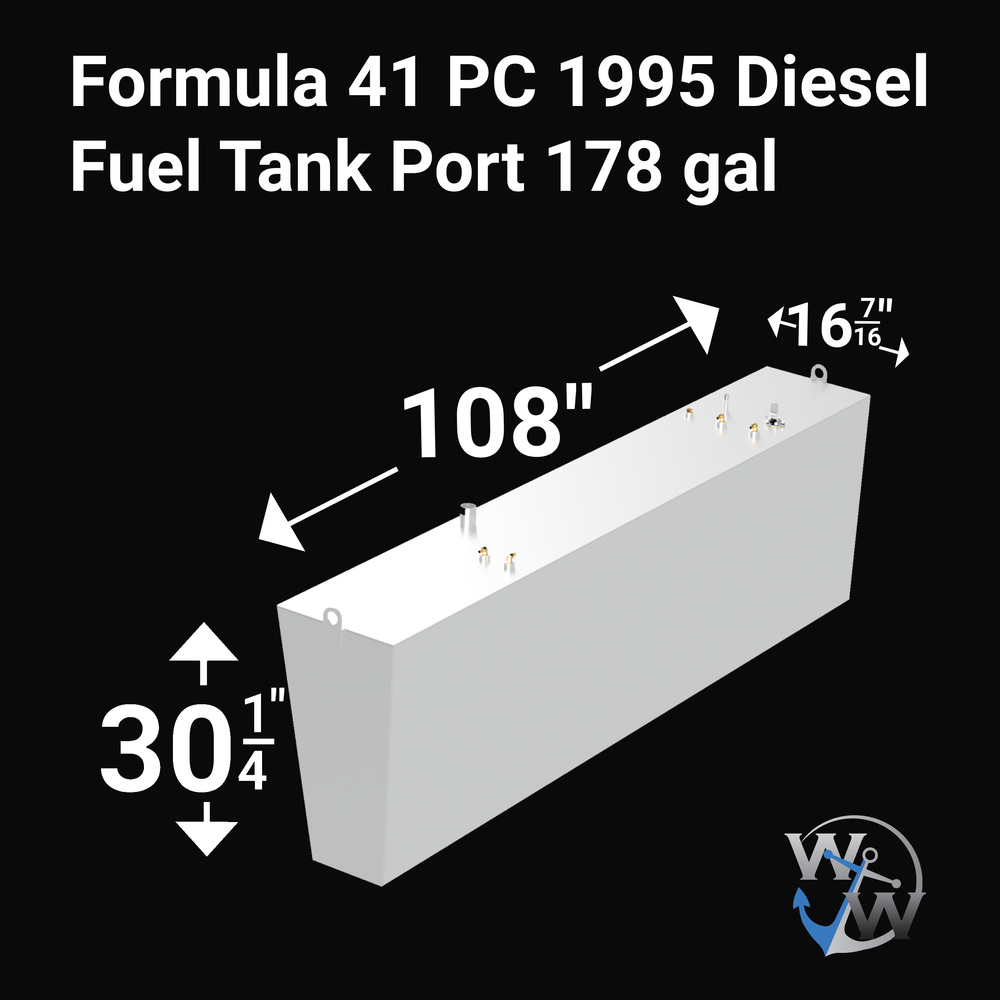 A large, rectangular white diesel fuel tank with multiple metal fittings on top, including gold and silver valves and capped pipes, sits angled on a black background. The tank is labeled "Formula 41 PC 1995 Diesel Fuel Tank Port 178 gal." The dimensions are marked with white arrows: length 108 inches, width 16 7/16 inches, and height 30 1/4 inches. The "WW" logo appears in the lower right corner
