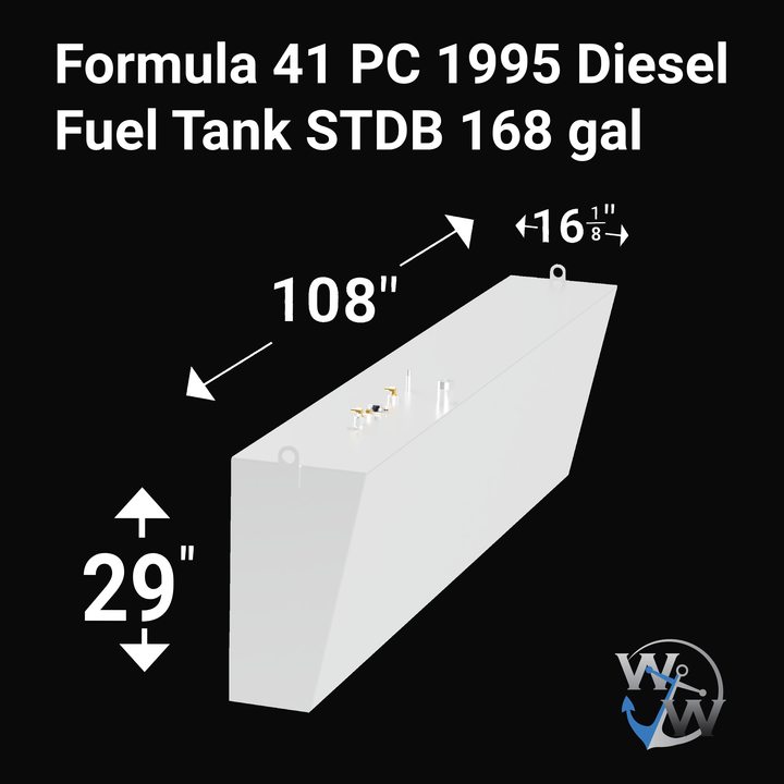 A large, rectangular white diesel fuel tank with several metal fittings on top, including gold and silver valves and capped pipes, shown angled on a black background. The tank is labeled "Formula 41 PC 1995 Diesel Fuel Tank STDB 168 gal." The dimensions are marked with white arrows: length 108 inches, width 16 1/8 inches, and height 29 inches. The "WW" logo is visible in the lower right corner