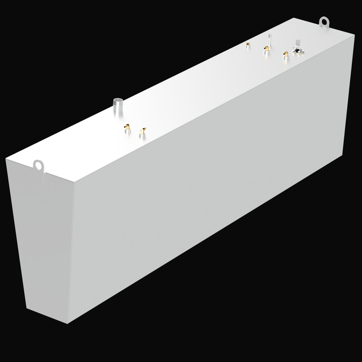 A large, rectangular white fuel tank displayed on a black background. The tank has rounded edges on the front side and several metallic fittings on the top surface, including silver and gold valves and capped pipes. A mounting loop is visible on the top front left corner