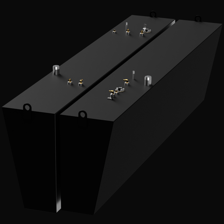 Two large matte black rectangular diesel fuel tanks are shown side by side, angled with the front left corner closer to the viewer, on a black background. Each tank has multiple metal fittings on top including silver and gold valves, capped pipe openings, and mounting brackets. The left tank is labeled as Port with 178 gallons capacity and the right tank as Starboard with 168 gallons capacity. The image is titled "Formula 41 PC 1995 Diesel Fuel Tank Port 178 gal / STBD 168 gal