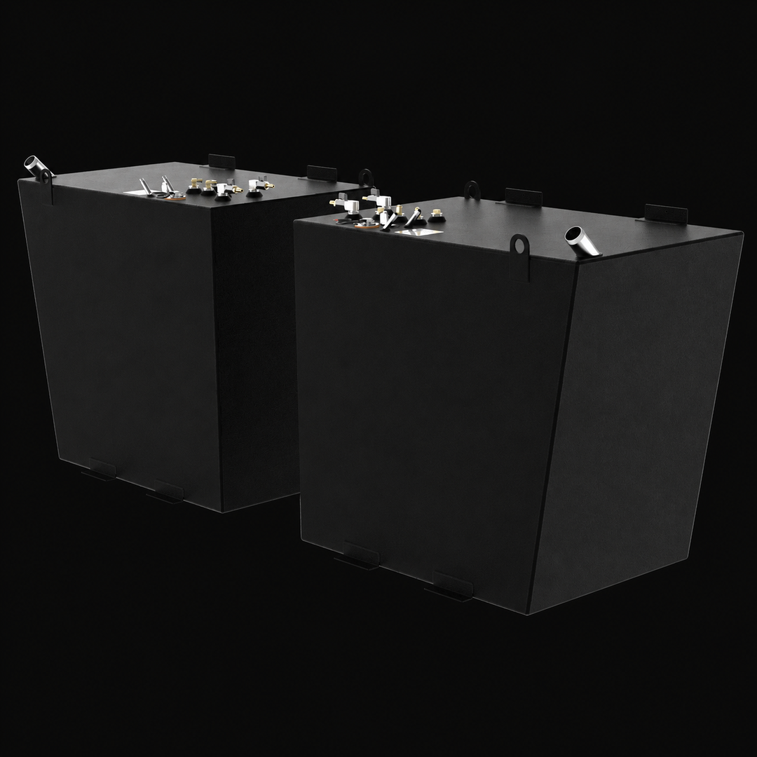A three-quarter isometric perspective view from an alternate angle showing a pair of black Formula 45 Yacht Saddles diesel replacement marine fuel tanks. Arranged in tandem to represent a port and starboard hull configuration, these twin high-capacity 175-gallon saddle fuel cells feature tall, tapered cube-like structural profiles integrated with side-mounted lifting eyes and heavy-duty perimeter mounting brackets along the top and bottom edges, engineered by Welding World to secure the tanks within opposin