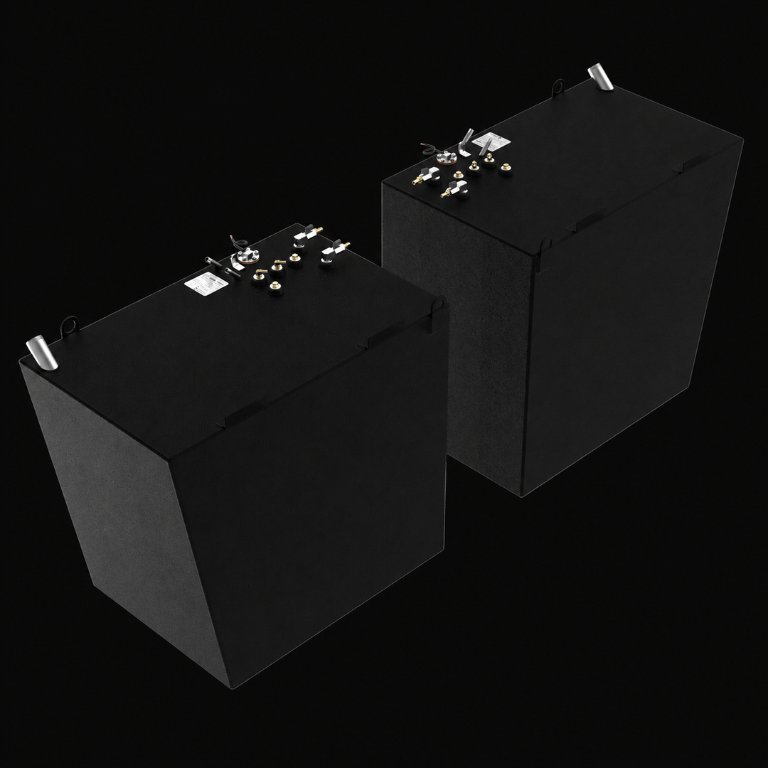 A high-angle overhead isometric perspective view of a pair of black Formula 45 Yacht Saddles diesel replacement marine fuel tanks. Positioned to demonstrate a port and starboard configuration, these twin high-capacity 175-gallon saddle fuel cells feature tall, tapered cube-like structural profiles integrated with upper perimeter mounting tabs and corner-mounted lifting eyes, engineered by Welding World to secure the tanks safely within opposing outboard engine compartments. Precision-fabricated from heavy-g