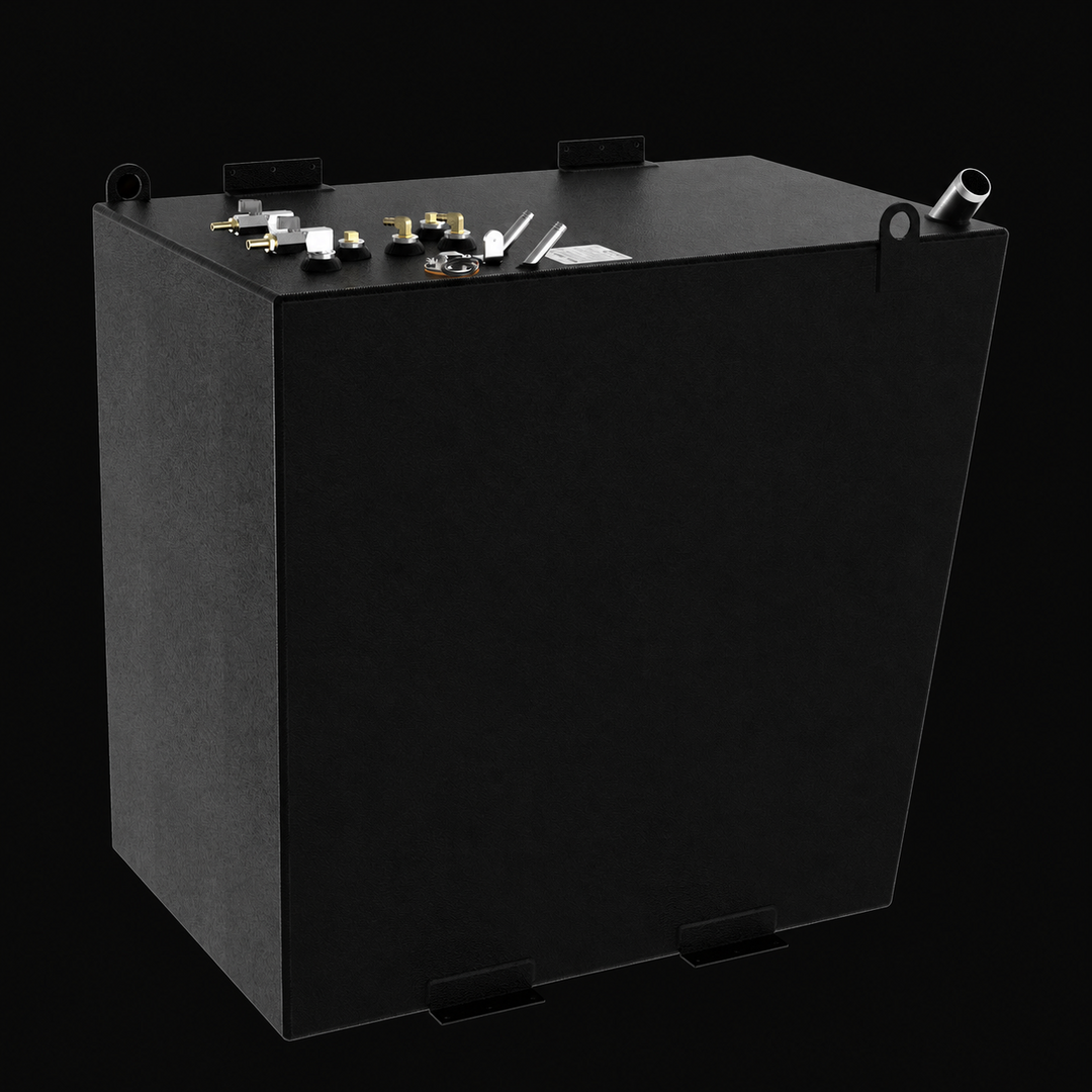 A three-quarter isometric perspective view of a black Formula 45 Yacht Saddles diesel replacement marine fuel tank. This high-capacity 175-gallon saddle tank features a tall, cube-like structural profile integrated with side-mounted lifting eyes and heavy-duty perimeter mounting brackets along the top and bottom edges, engineered by Welding World to secure the tank within the port or starboard engine compartments. Precision-fabricated from heavy-gauge marine-grade 5052-H32 aluminum, the exterior is entirely