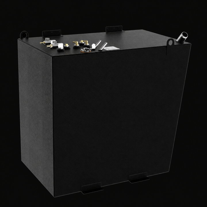 A three-quarter isometric perspective view of a black Formula 45 Yacht Saddles diesel replacement marine fuel tank. This high-capacity 175-gallon saddle tank features a tall, cube-like structural profile integrated with side-mounted lifting eyes and heavy-duty perimeter mounting brackets along the top and bottom edges, engineered by Welding World to secure the tank within the port or starboard engine compartments. Precision-fabricated from heavy-gauge marine-grade 5052-H32 aluminum, the exterior is entirely