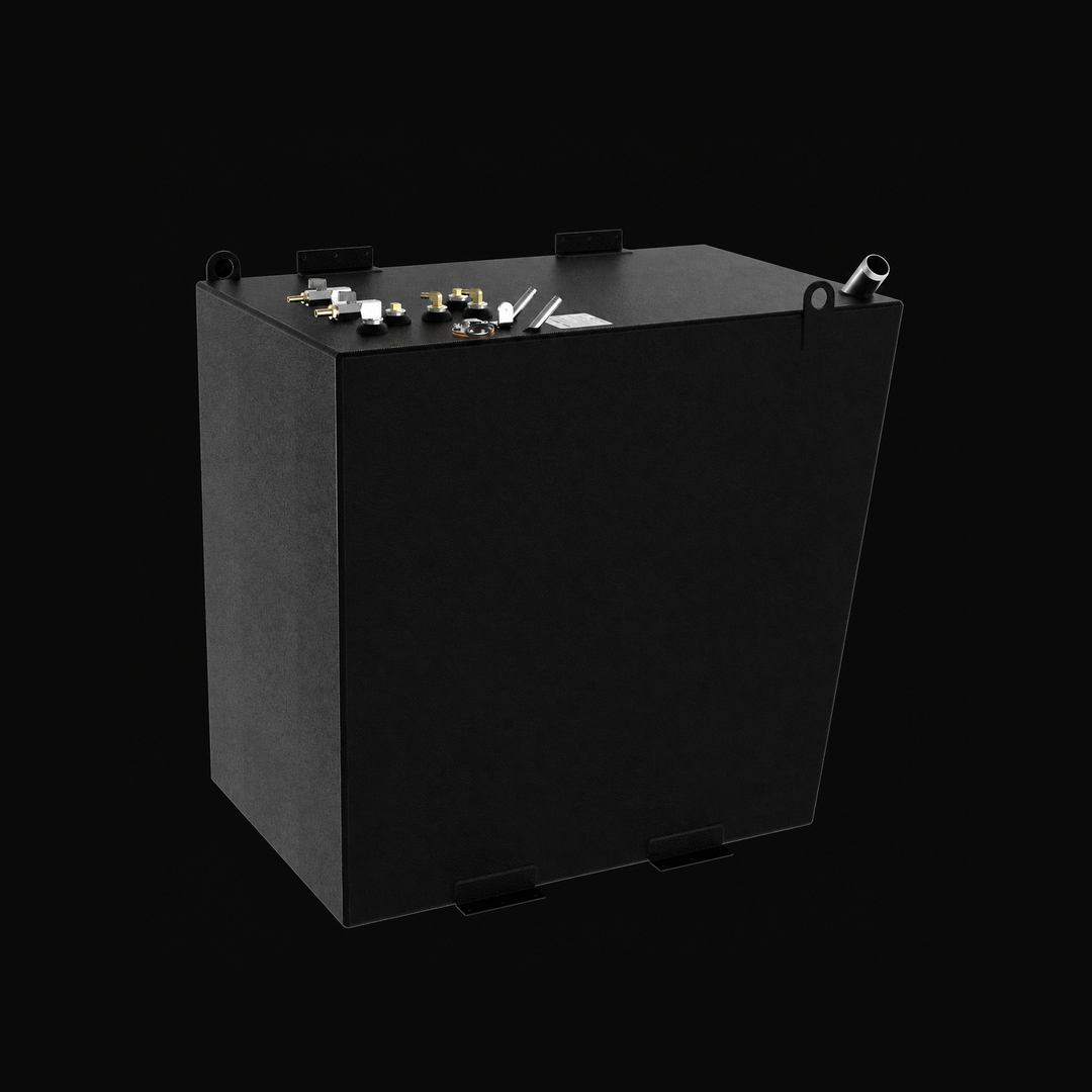 A three-quarter isometric perspective view of a black Formula 45 Yacht Saddles diesel replacement marine fuel tank. This high-capacity 175-gallon saddle tank features a tall, cube-like structural profile integrated with side-mounted lifting eyes and heavy-duty perimeter mounting brackets along the top and bottom edges, engineered by Welding World to secure the tank within the port or starboard engine compartments. Precision-fabricated from heavy-gauge marine-grade 5052-H32 aluminum, the exterior is entirely