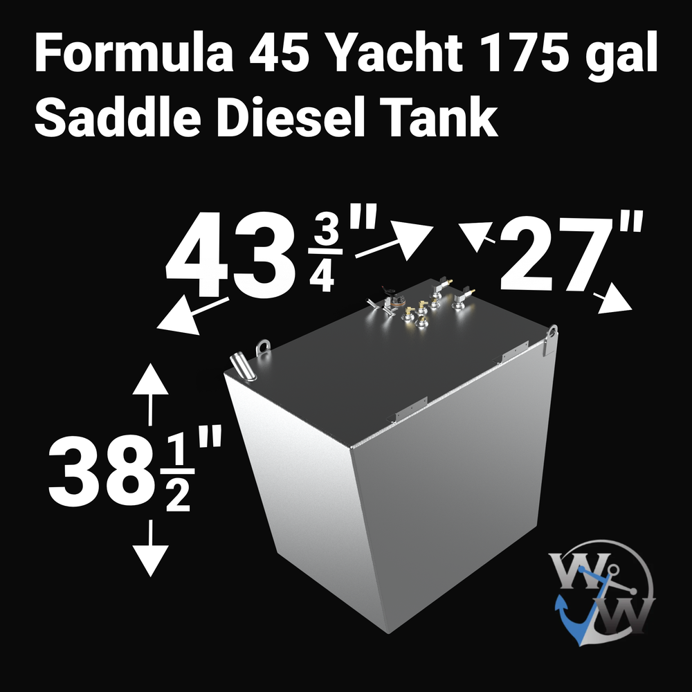 Dimensional technical diagram for a raw aluminum Formula 45 Yacht 175 gal Saddle Diesel Tank replacement. The graphic displays precise technical specifications with measurements of 43 3/4" length, 27" width, and 38 1/2" height, showcasing a tall, tapered cube-like structural saddle profile engineered by Welding World to fit securely within the port or starboard mechanical layout spaces. The top deck displays an unsealed variant layout featuring side-mounted lifting eyes and a specialized mechanical hardware