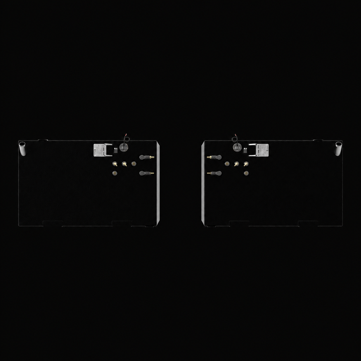 A top-down vertical aerial view detailing the mirrored top deck hardware layout arrangement of a pair of black Formula 45 Yacht Saddles diesel replacement marine fuel tanks. This bird's-eye perspective showcases the flat rectangular decks of twin 175-gallon saddle fuel cells, precision-fabricated from heavy-gauge marine-grade 5052-H32 aluminum and encapsulated in an anti-corrosive, textured black TarGard epoxy coating. The symmetrical top deck layout highlights angled diesel fuel fill necks positioned at op