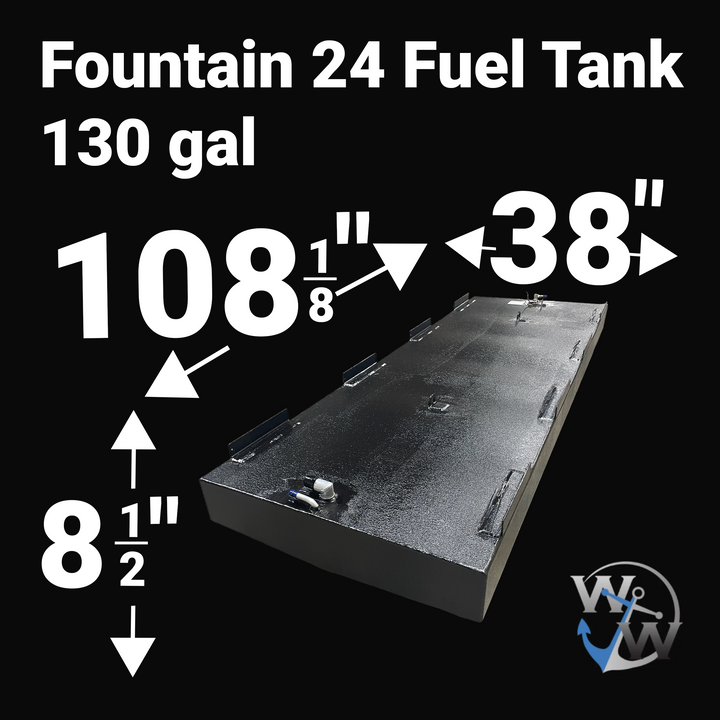 A studio product diagram displaying exact dimension specifications for a physical, finished black encapsulated Fountain 24 OEM replacement marine fuel tank (130 gal) from file image_c45c02.jpg, isolated against a black background. The isometric view highlights the elongated low-profile hull configuration with bold white measurement arrows indicating key overall dimensions: 108 1/8 inches in length, 38 inches in width, and 8 1/2 inches in total height. Precision-fabricated from heavy-gauge .190" marine-grade