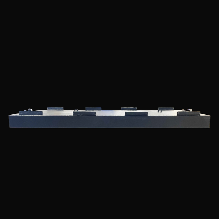 An eye-level studio side profile view displaying the slim 8 1/2-inch profile and full 108 1/8-inch length of a physical, finished black encapsulated Fountain 24 OEM replacement marine fuel tank (130 gal) from file image_c45f25.png, isolated against a black background. Precision-fabricated from heavy-gauge .190" marine-grade 5052-H32 aluminum, the elongated hull cell is fully encapsulated in a protective, textured black TarGard epoxy coating to resist severe saltwater pitting and bilge moisture decay. Top de