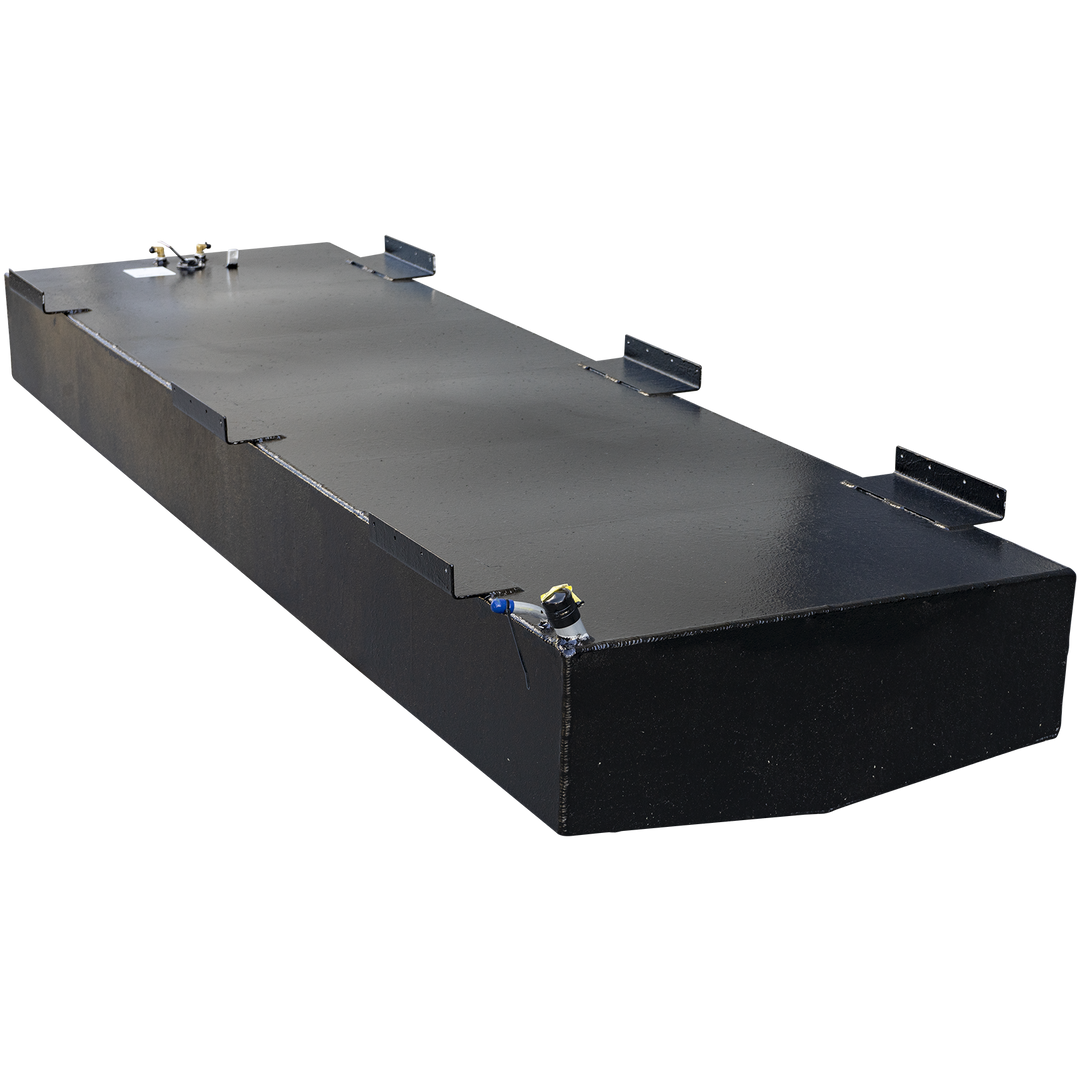 A long, rectangular boat fuel tank with a black coating, featuring a large step-down notch in its side. The tank is viewed from a high, three-quarter profile angle against a checkered background. Multiple L-shaped mounting tabs are welded to the top edges. A small brass fitting with a blue tip is located on the near corner, while a fuel sending unit and a label are visible at the far end