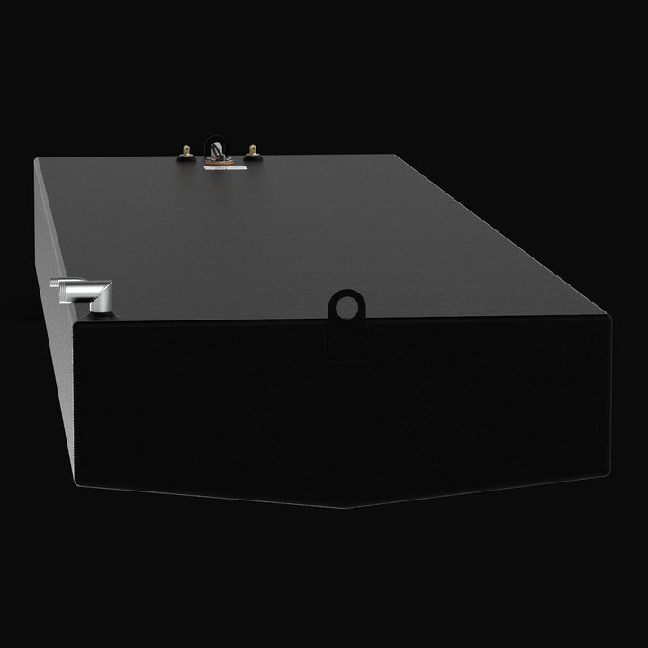 Close-up profile of the 213-gallon Fountain 30 (2001) fuel tank showcasing the thick, uniform application of the Coal Tar Epoxy coating. The image highlights the rugged structural welds and heavy-duty mounting tabs, ensuring a corrosion-resistant and guaranteed OEM fit for high-performance offshore boating.